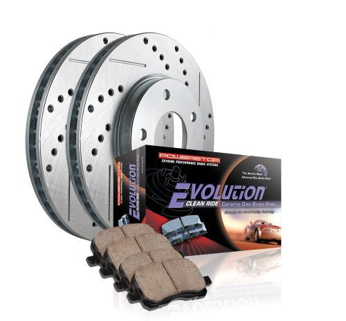 Power Stop K1440 Rear Ceramic Brake Pad and Cross Drilled/Slotted Combo Rotor One-Click Brake Kit