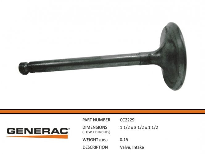 Generac 0C2229 Valve, INTAKE Dropshipped from Manufacturer